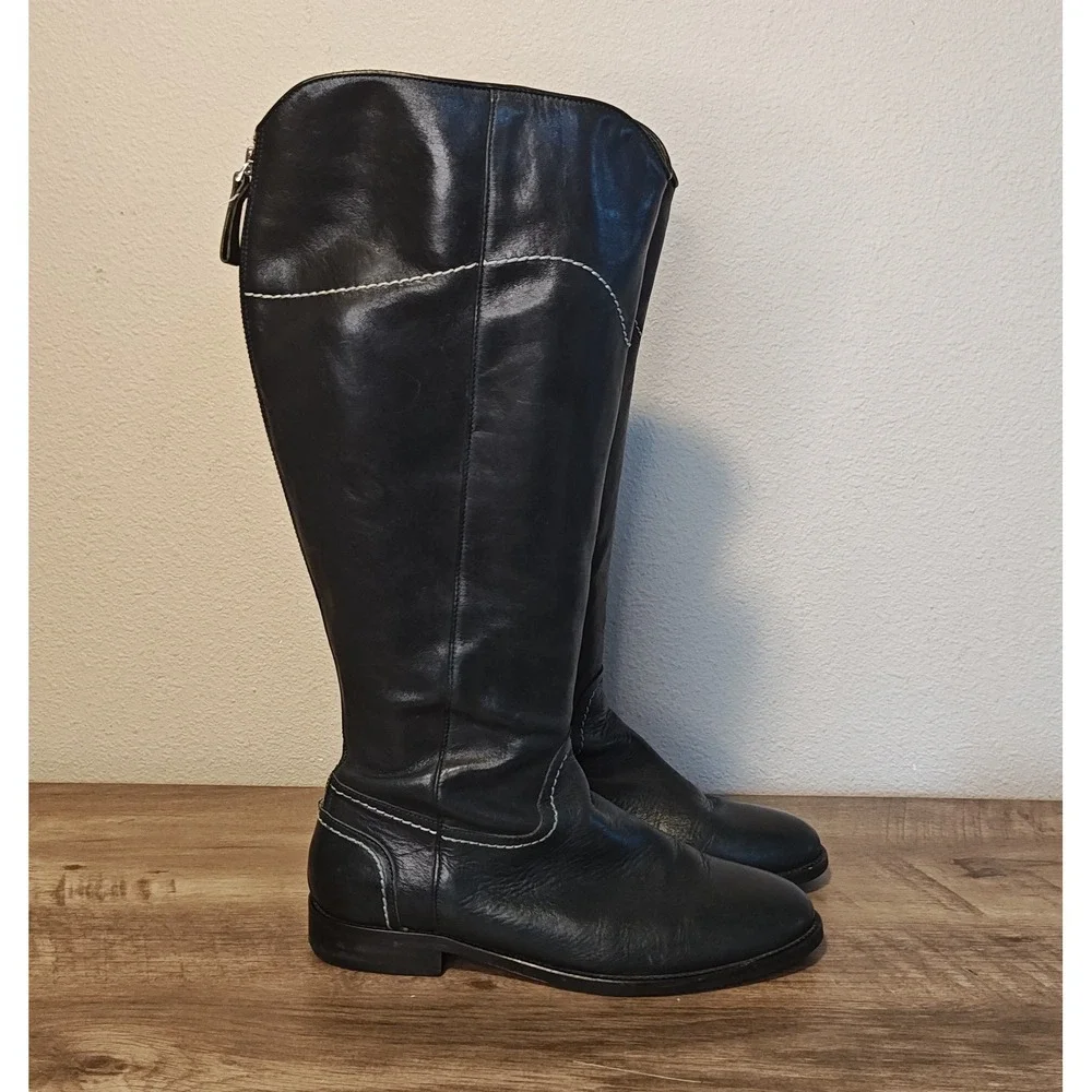 Boden Knee High Boots Womens 41 Navy Blue Leather Contrast Stitch Western AZ192